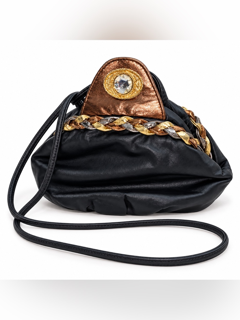 Vintage Clam Genuine Leather Black Crossbody Bag Purse Rhinestone Metallic Braid